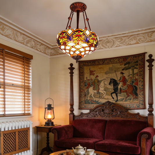 Stained Glass Pendant Light Handcrafted 3-Light E26 Base 15.8 Inch Ceiling Hanging Lamp