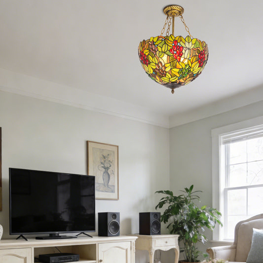 Colorful Grape & Leaf Pattern Stained Glass Chandelier, Glass & Iron Frame Ceiling Pendant Light with E26 Warm Bulbs Included