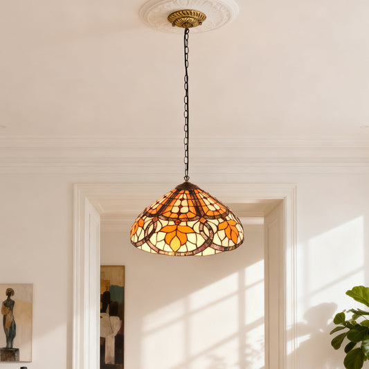 Orange Leaf Stained Glass Pendant Light - Antique Bronze Adjustable 1-Light E26 Lamp Bulb Not Included