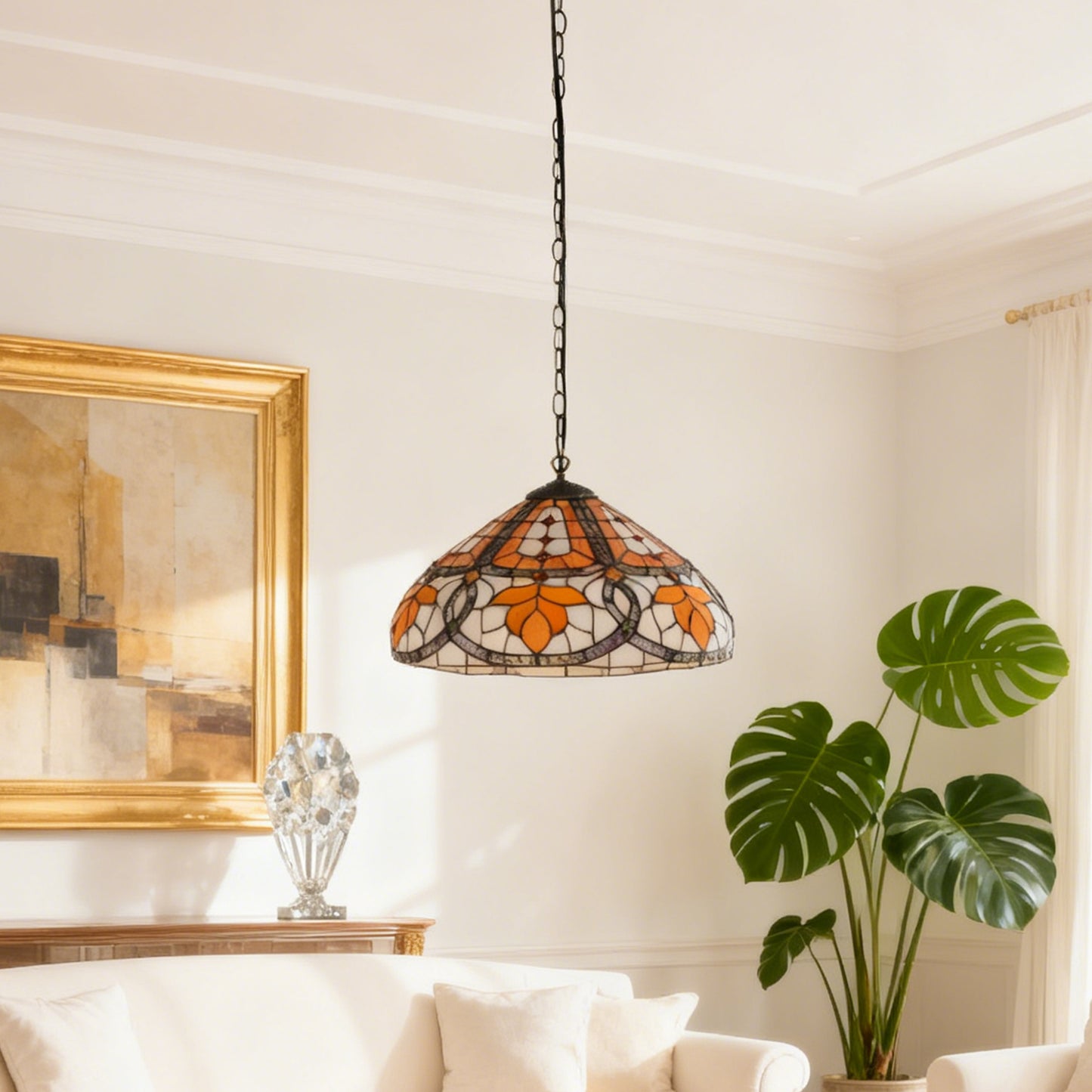 Orange Leaf Stained Glass Pendant Light - Antique Bronze Adjustable 1-Light E26 Lamp Bulb Not Included