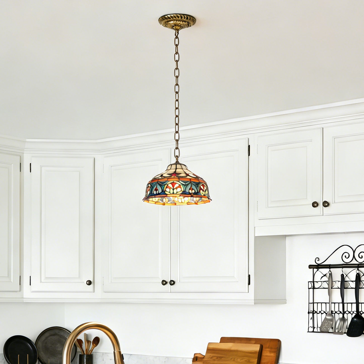 Colorful Geometric Stained Glass Pendant Light - Antique Bronze Adjustable 1-Light E26 Lamp Bulb Not Included