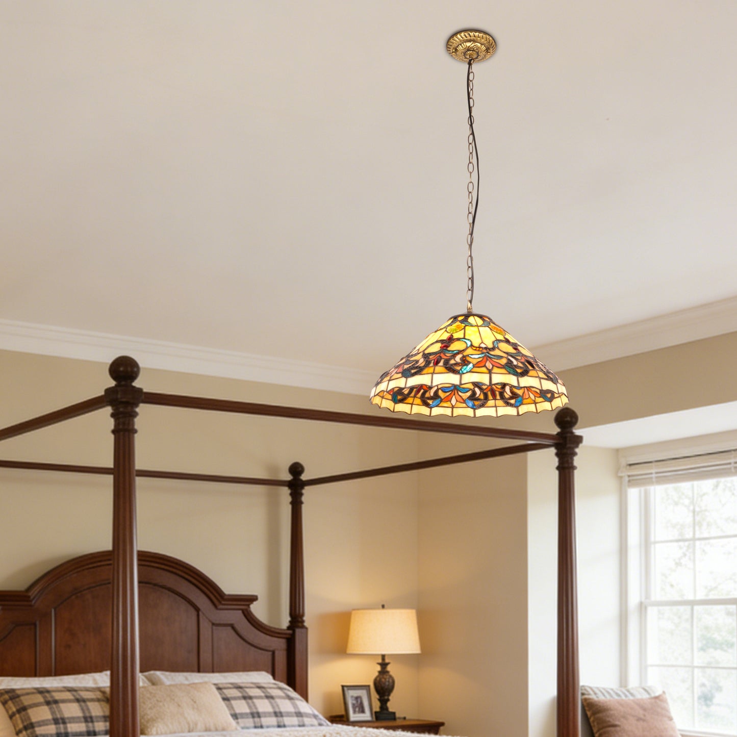 Colorful Scroll Stained Glass Pendant Light - Antique Bronze Adjustable 1-Light E26 Lamp Bulb Not Included