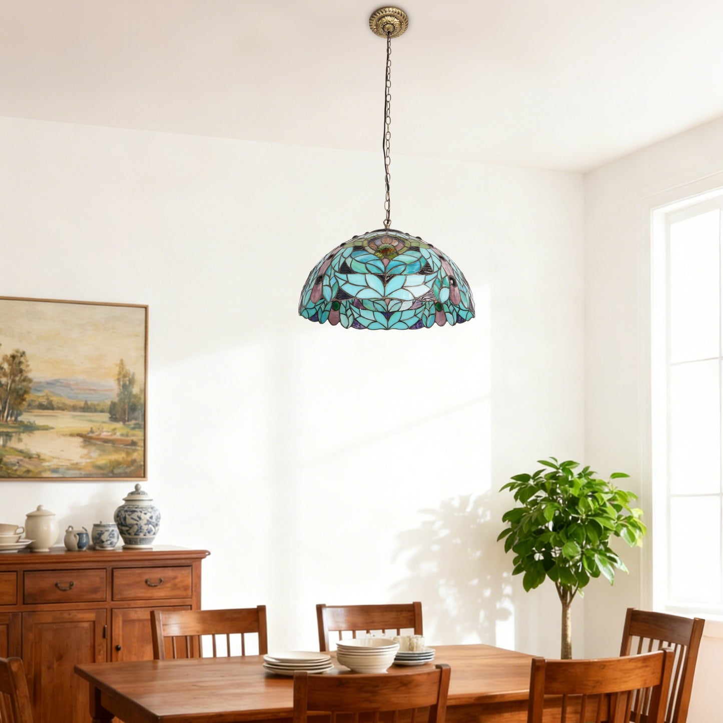 Peacock Feather Leaf Stained Glass Pendant Light - Antique Copper Adjustable 1-Light E26 Lamp Bulb Not Included