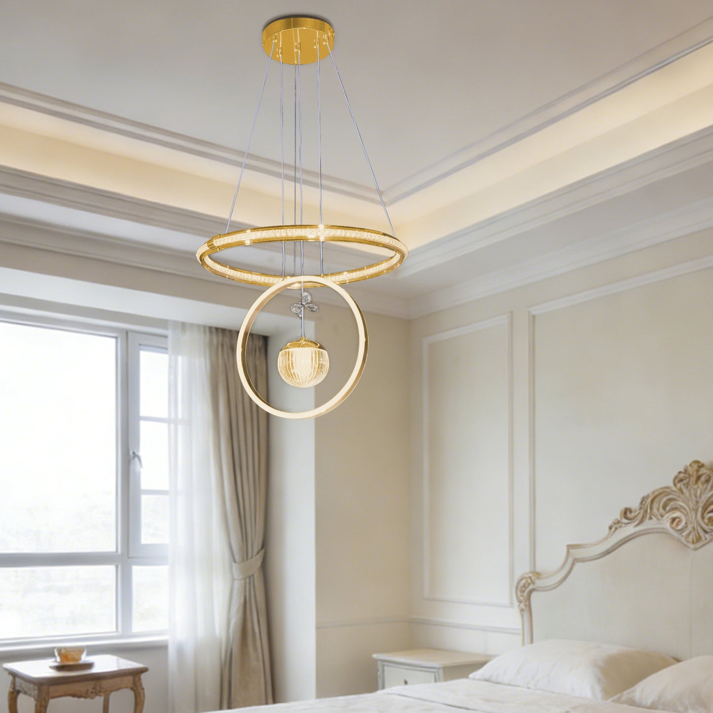 Modern Luxury Gold Double Ring Crystal Pendant Light - 3-Color Dimmable LED Chandelier