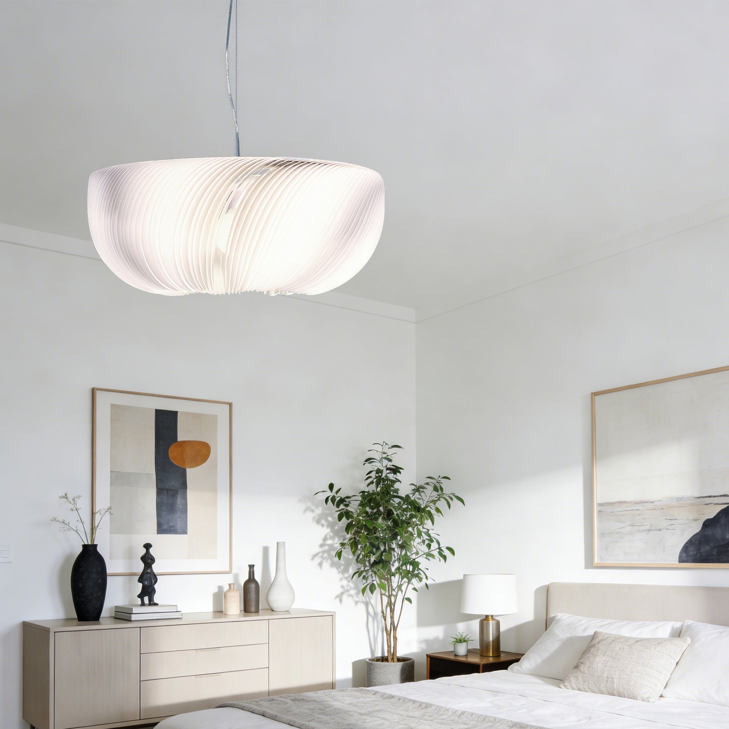 Modern White Ribbed Pendant Light - 3-Color Dimmable LED Chandelier Adjustable Height, Minimalist Style