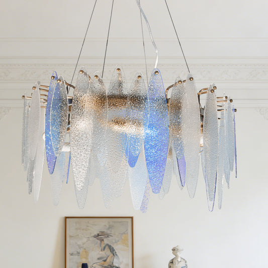 Modern Luxury Blue Gradient Glass Leaf Chandelier - 3-Color Dimmable E14 Pendant Light Gold Frame, Adjustable Height