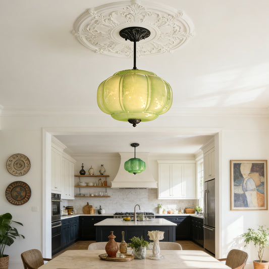 Vintage Green Pumpkin Glass Pendant Light - 3-Color Dimmable E26 Ceiling Lamp