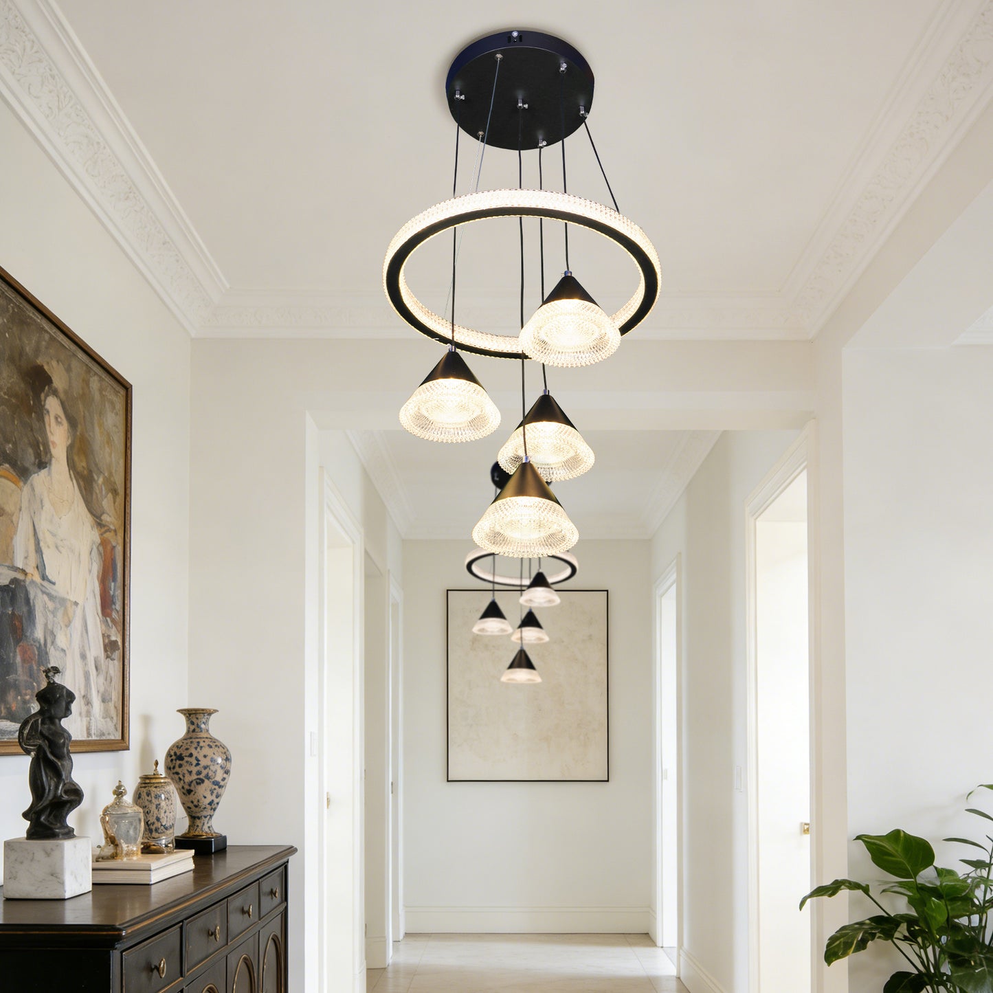 Modern Black Ring Crystal Pendant Light - 3-Color Dimmable Adjustable Height Ceiling Lamp