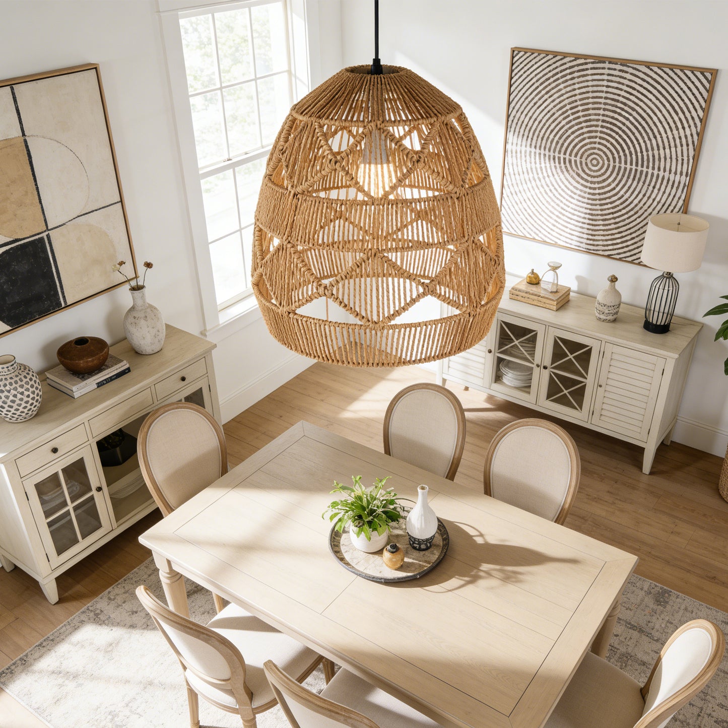 Bohemian Woven Rattan Pendant Light - Adjustable Height Egg-Shaped Ceiling Lamp Boho Farmhouse Style