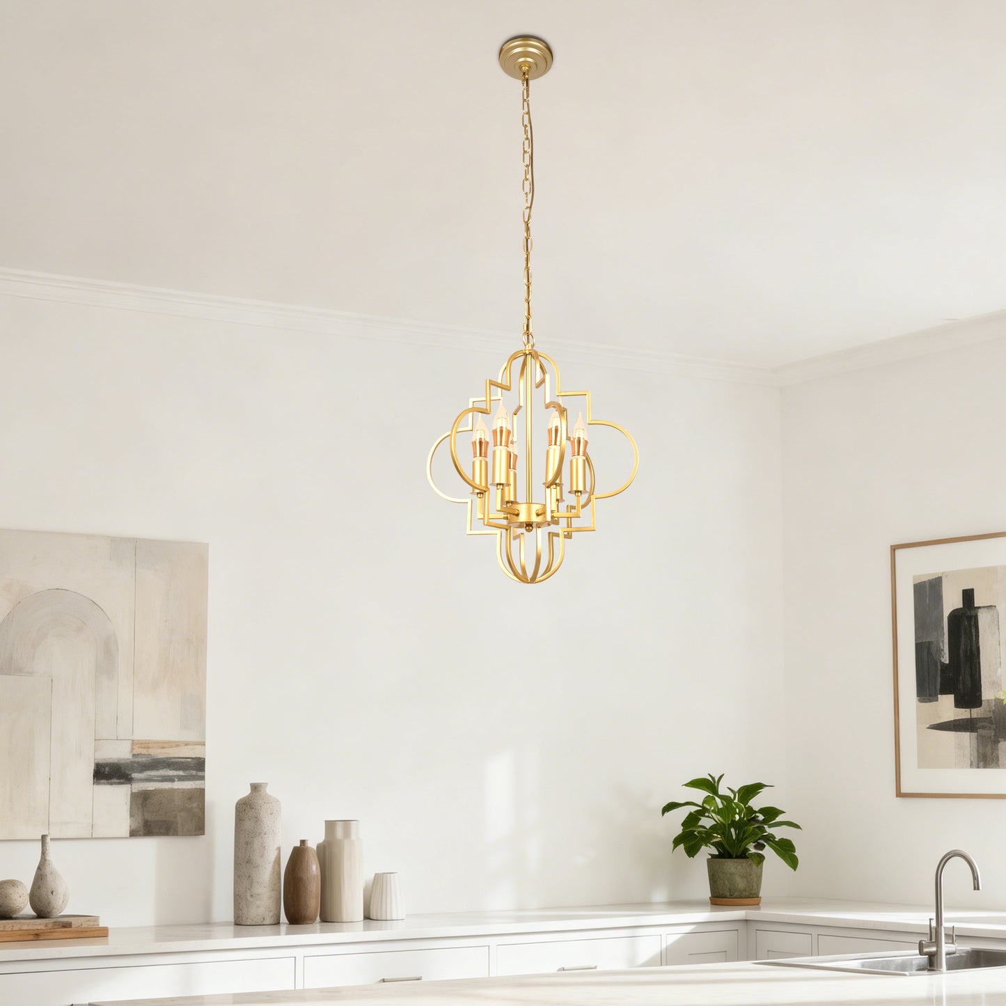 Modern Geometric Gold 6-Light Chandelier - Adjustable Height Pendant Light E12