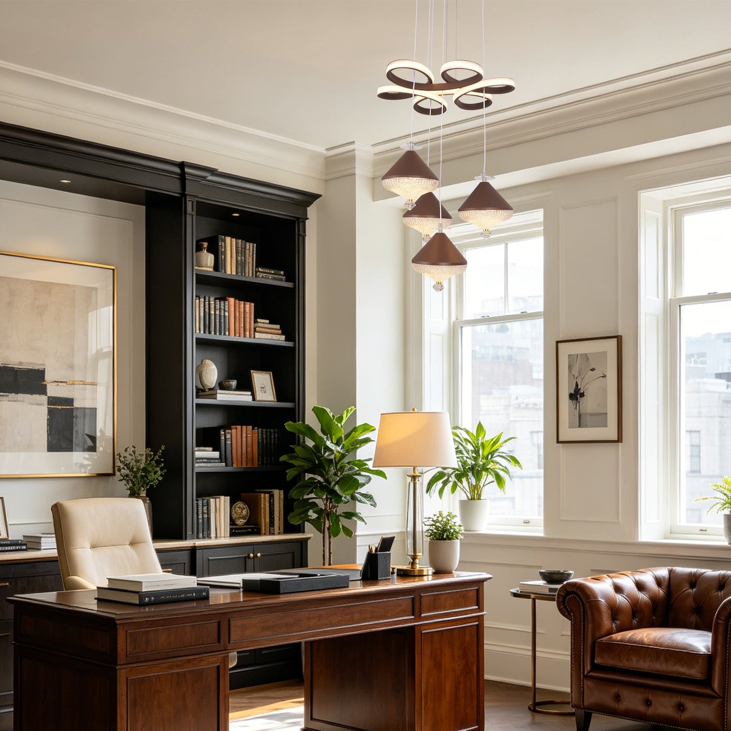 Dimmable 3-Color Brown LED Crystal Chandelier | Modern Luxury Adjustable Height Pendant Light