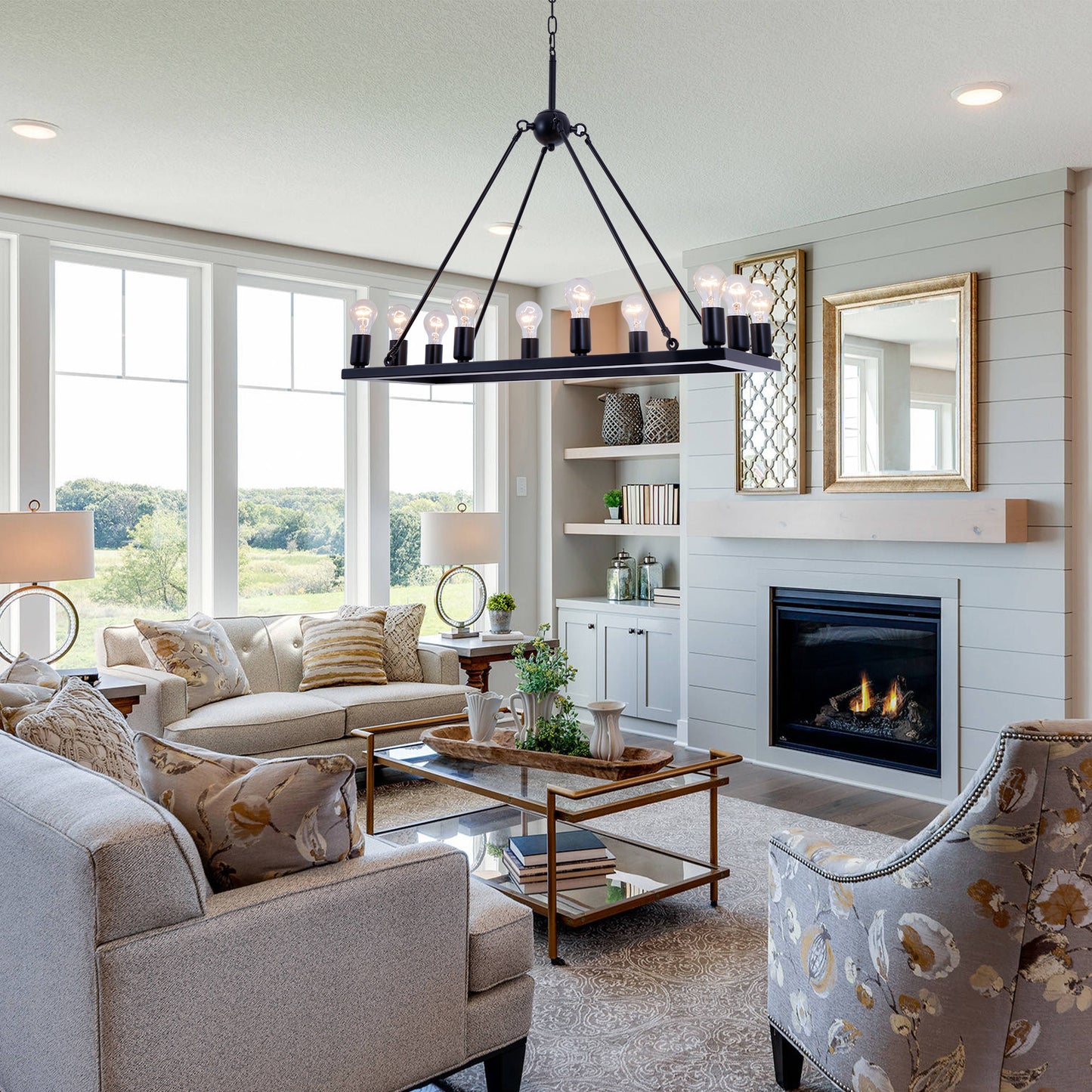 10-Light Farmhouse Chandelier - Metal Rectangle (DY62)