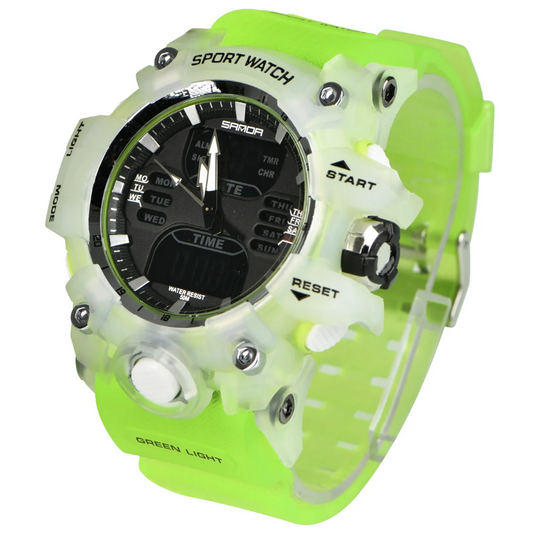 Men's sports fashion watch, 50 meter waterproof military watch, green TPU strap, white case