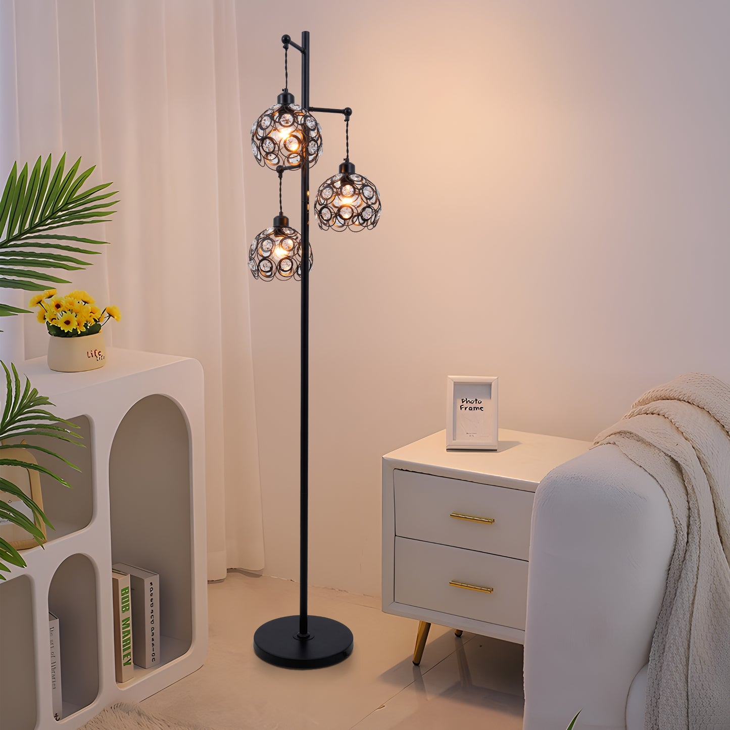 3-Head Wrought Iron Floor Lamp Black DS-LY02