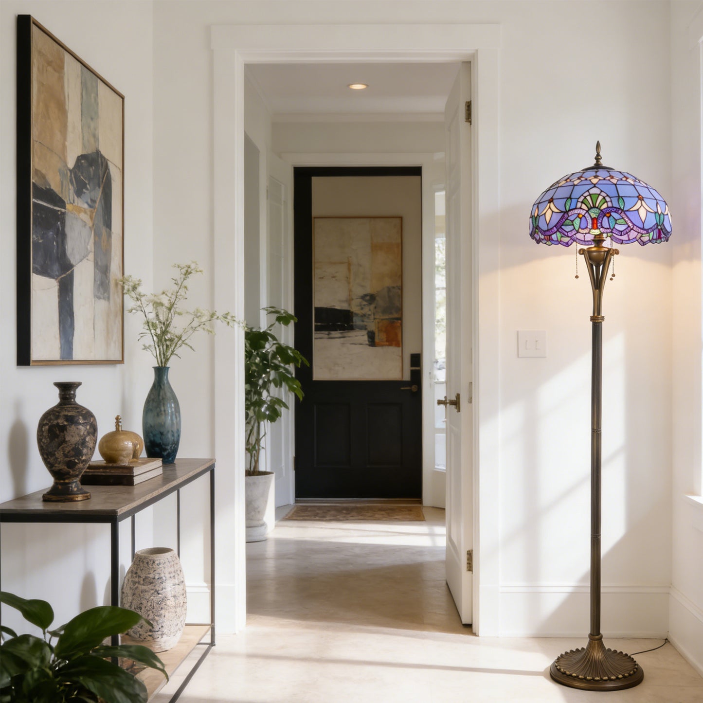 Blue Stained Glass Floor Lamp | Vintage Bronze 3-Light Pull Chain Standing Lamp