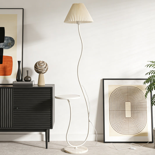 White Pleated Shade Curved Floor Lamp with Side Table - 3-Color Dimmable Modern Floor Lamp