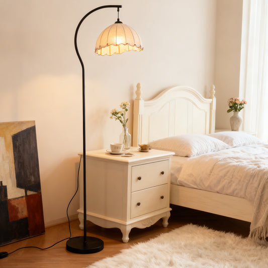 Beige Fabric Dome Arc Floor Lamp - Black Curved Pole Vintage Floor Lamp Warm Light E26 Base
