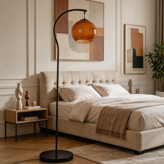 Modern Arc Floor Lamp with Amber Glass Globe Shade | 59" Black Metal Standing Lamp with E26 Warm Bulb