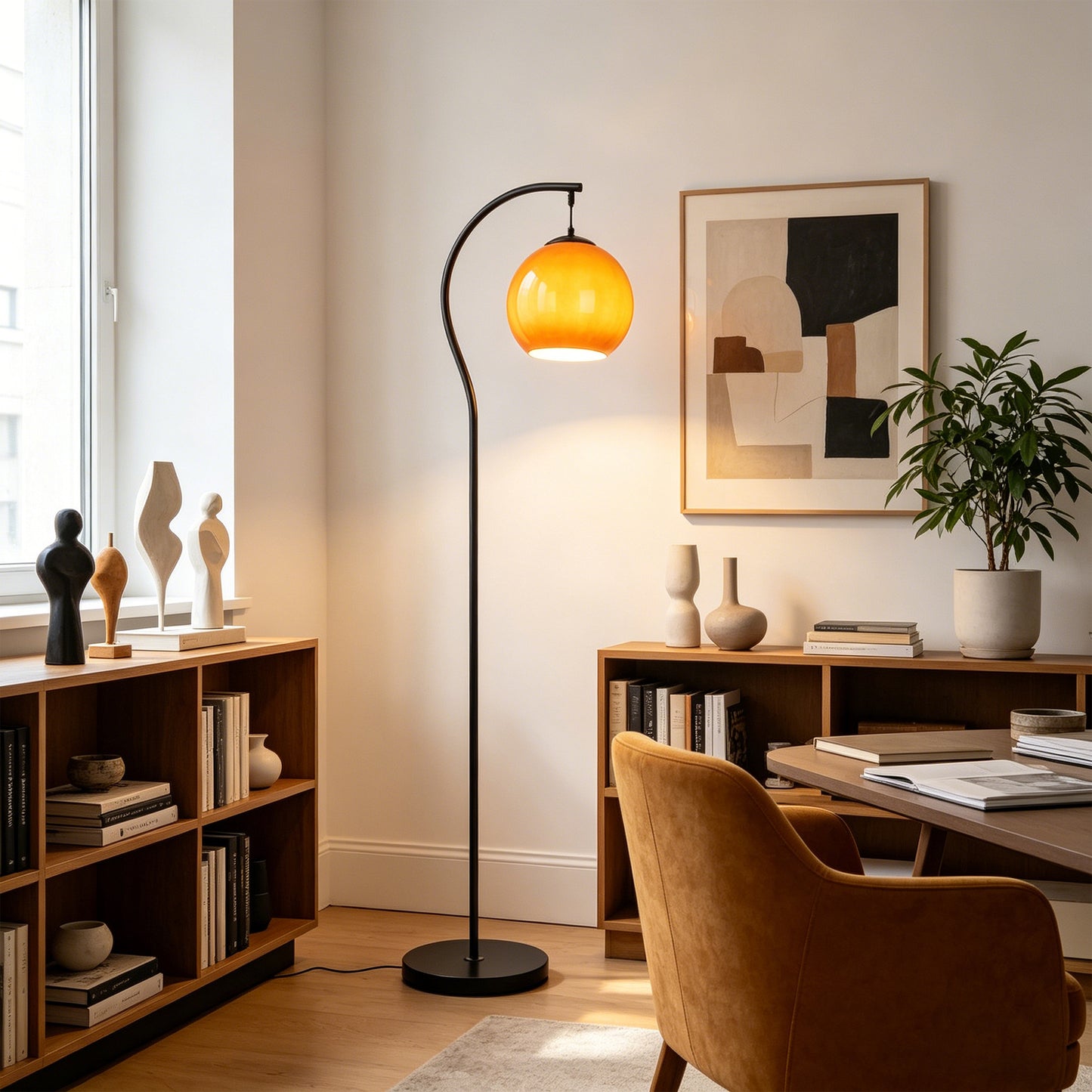 Modern Arc Floor Lamp with Amber Glass Globe Shade | 59" Black Metal Standing Lamp with E26 Warm Bulb