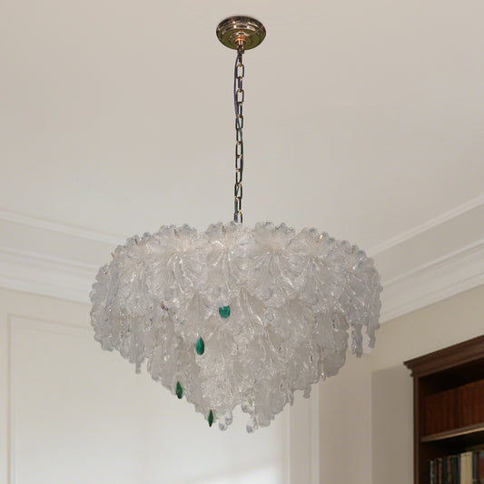 Vintage French Style Leaf Textured Glass Chandelier, 3-Color Dimmable Pendant Light with Adjustable Chain