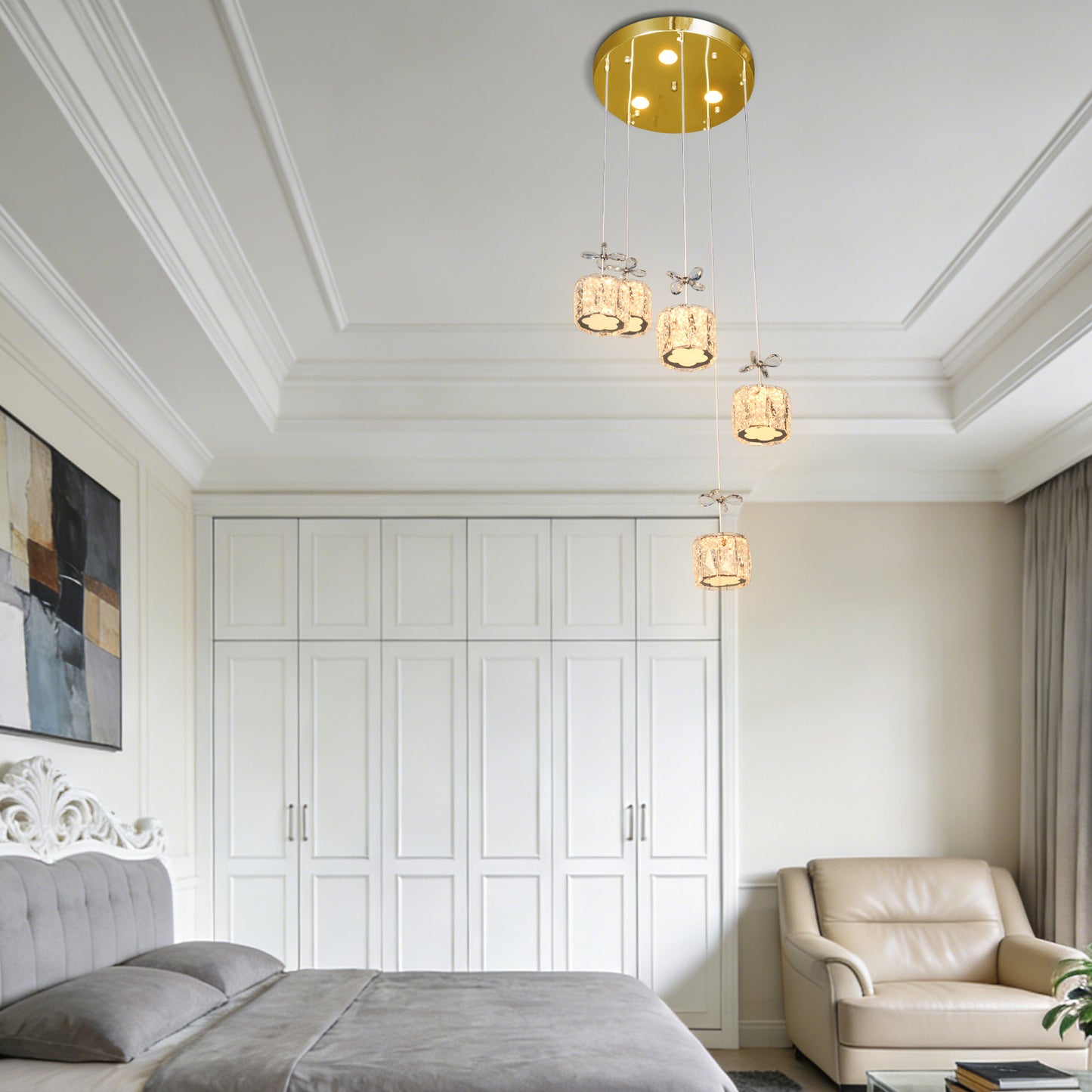 Luxury Gold 5-Light Crystal Pendant Chandelier - 3-Color Dimmable Adjustable Height Bow Decor Ceiling Light