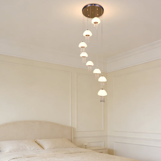 8-Light Modern Crystal Jellyfish Chandelier - 3-Color LED Staircase Pendant Light with Frosted Glass Shades, Gold Finish
