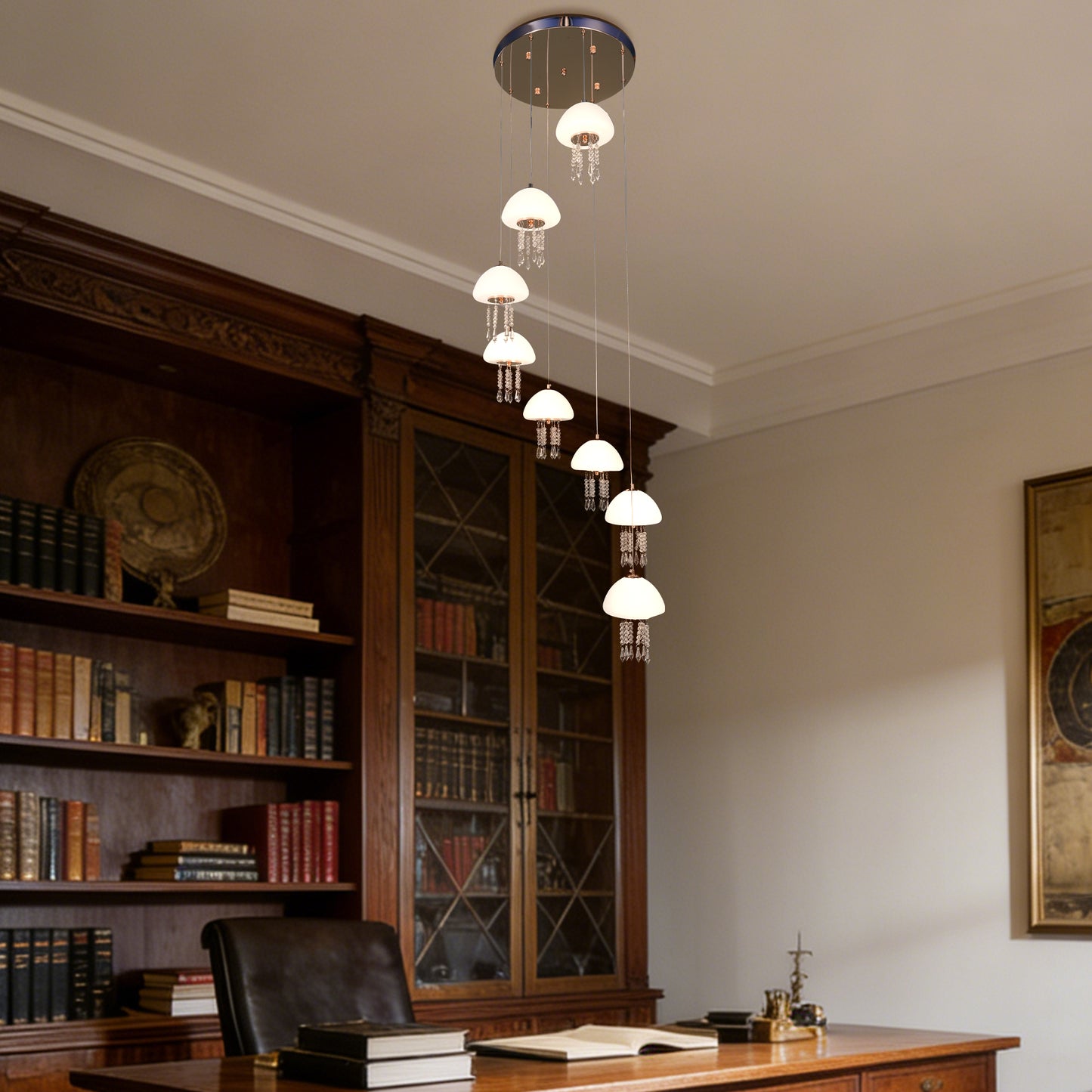 8-Light Modern Crystal Jellyfish Chandelier - 3-Color LED Staircase Pendant Light with Frosted Glass Shades, Gold Finish