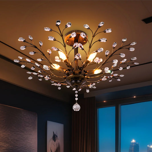 Vintage Large Crystal Branches Chandeliers,Close to Ceiling Light Flush Mount Fixture Black Flower Shape for Bedroom Entryway Living Room-Black 5 Heads Ceiling DS-SY59