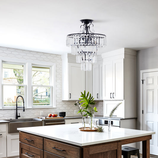 5-Light Antique Black Crystal Round Chandelier - Modern Semi Flush Mount Ceiling Light for Living Room, Dining Room, Bedroom, and More DS-SZ60