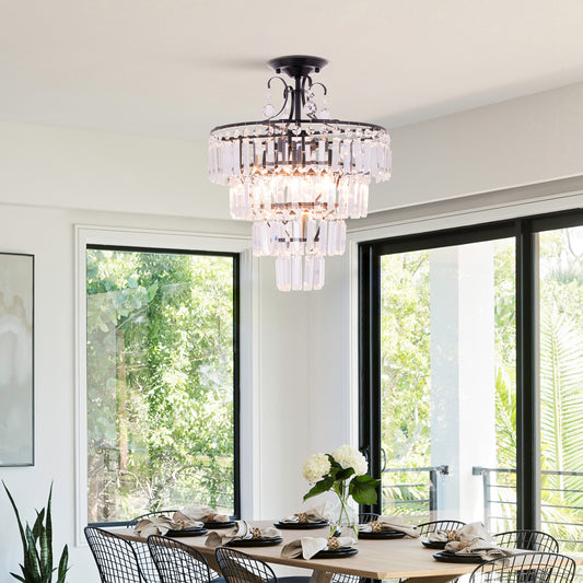 5-Light Antique Black Crystal Round Chandelier - Modern Semi Flush Mount Ceiling Light for Living Room, Dining Room, Bedroom, and More DS-SZ60