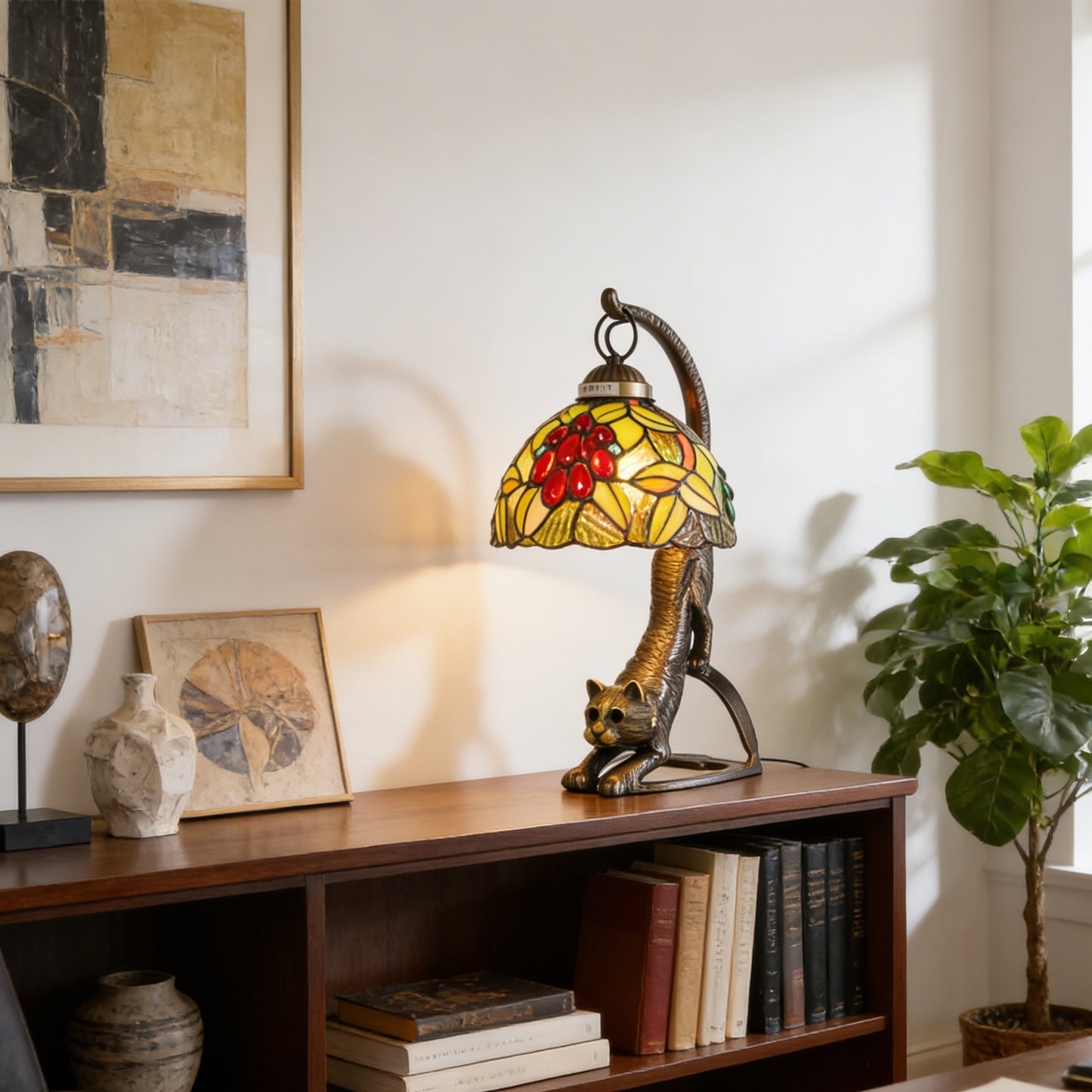 Vintage Tiffany Style Cat Stained Glass Table Lamp - Arched Fruit/Leaf Pattern Desk Lamp