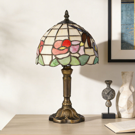Vintage Tiffany Style Dragonfly & Floral Stained Glass Table Lamp - 7.9" Shade Bronze Carved Base Desk Lamp