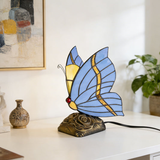 Vintage Tiffany Style Butterfly Stained Glass Table Lamp - 7.5" Blue/Purple Shade Bronze Rose Carved Base Night Light
