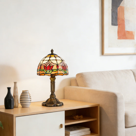 Vintage Tiffany Style Tulip Stained Glass Table Lamp - 7.9" Dome Shade Bronze Resin Base Desk Lamp
