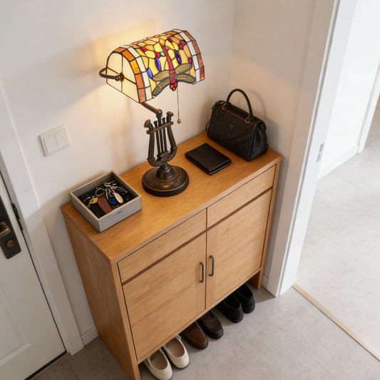 Vintage Tiffany Style Dragonfly Stained Glass Table Lamp - 7.9" Banker Shade Antique Bronze Lyre Base Desk Lap