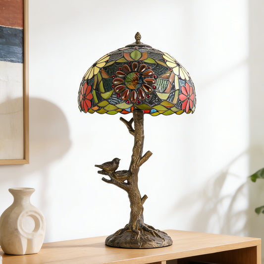 Vintage Tiffany Style Tree & Bird Floral Stained Glass Table Lamp - 11.8" Dome Shade Antique Bronze Tree Base 2-Light Desk Lamp