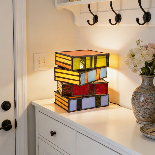 Vintage Tiffany Style Stacked Books Stained Glass Table Lamp - 6.7" Colorful Book Stack Night Light E12 Socket, Includes Warm Light Bulb
