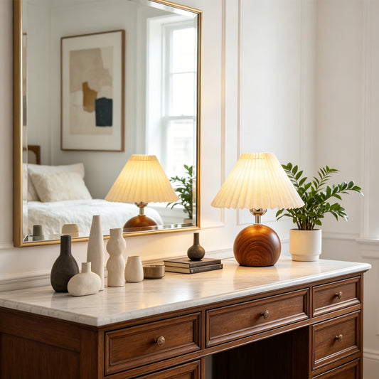 Modern Wood Table Lamp with Pleated Linen Shade | 3-Color Dimmable Small Nightstand Lamp
