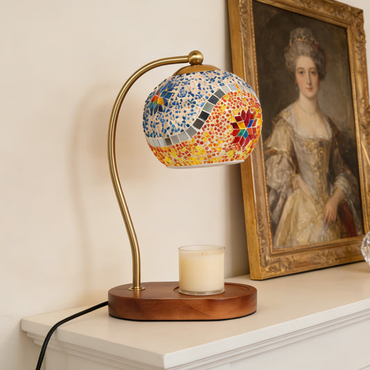 Turkish Mosaic Candle Warmer Lamp - Handmade Stained Glass Dimmable Accent Lamp, Brass Arm & Solid Wood Base, No-Flame Candle Heater
