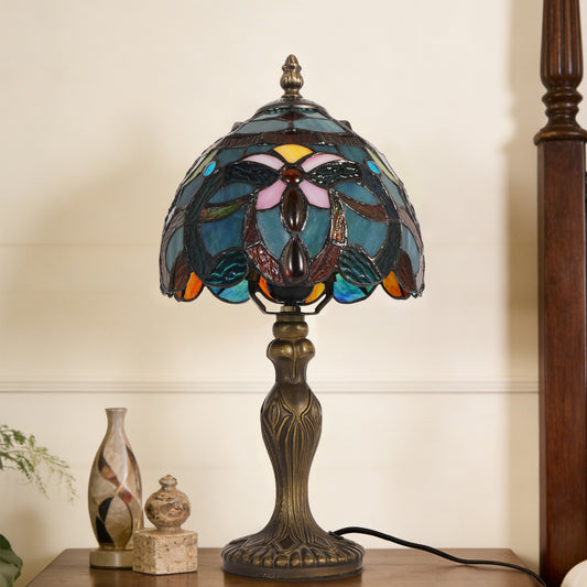 Vintage Tiffany Style Floral Stained Glass Table Lamp - Green Art Glass Bedside Lamp with Bronze Base