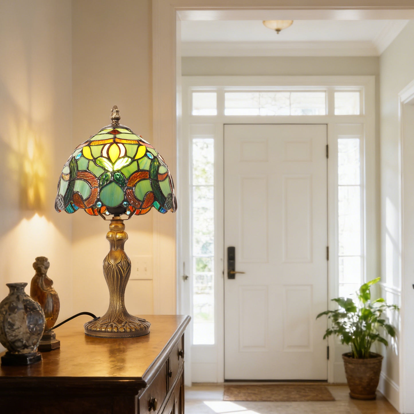 Vintage Tiffany Style Floral Stained Glass Table Lamp - Green Art Glass Bedside Lamp with Bronze Base