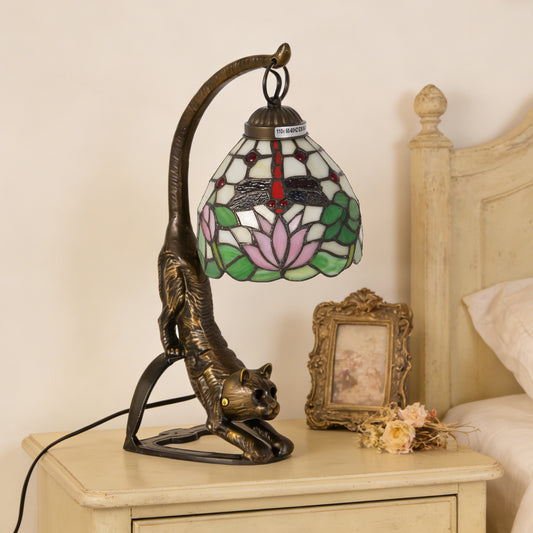 Vintage Tiffany Style Cat Sculpture Dragonfly & Lotus Stained Glass Table Lamp - Art Glass Accent Lamp
