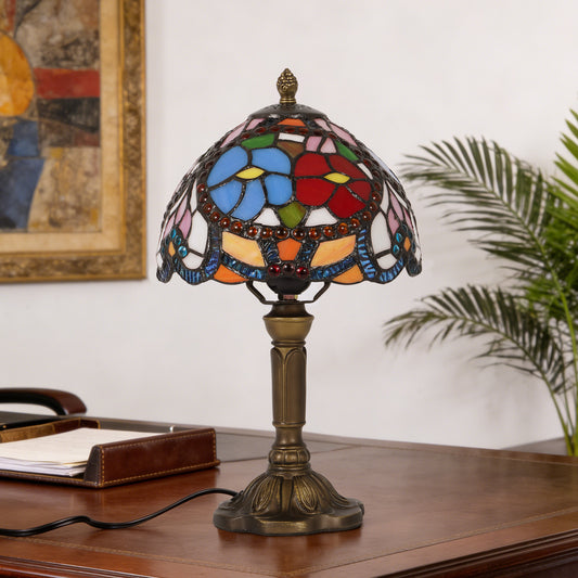 Vintage Stained Glass Floral Table Lamp - Tiffany Style Bedside Accent Lamp