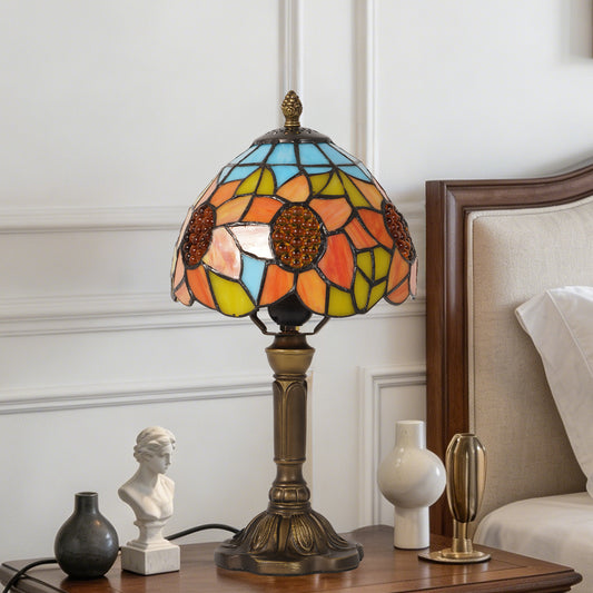 Sunflower Tiffany Style Stained Glass Table Lamp | Yellow Orange Vintage Bronze Base Desk Lamp with E26 Base