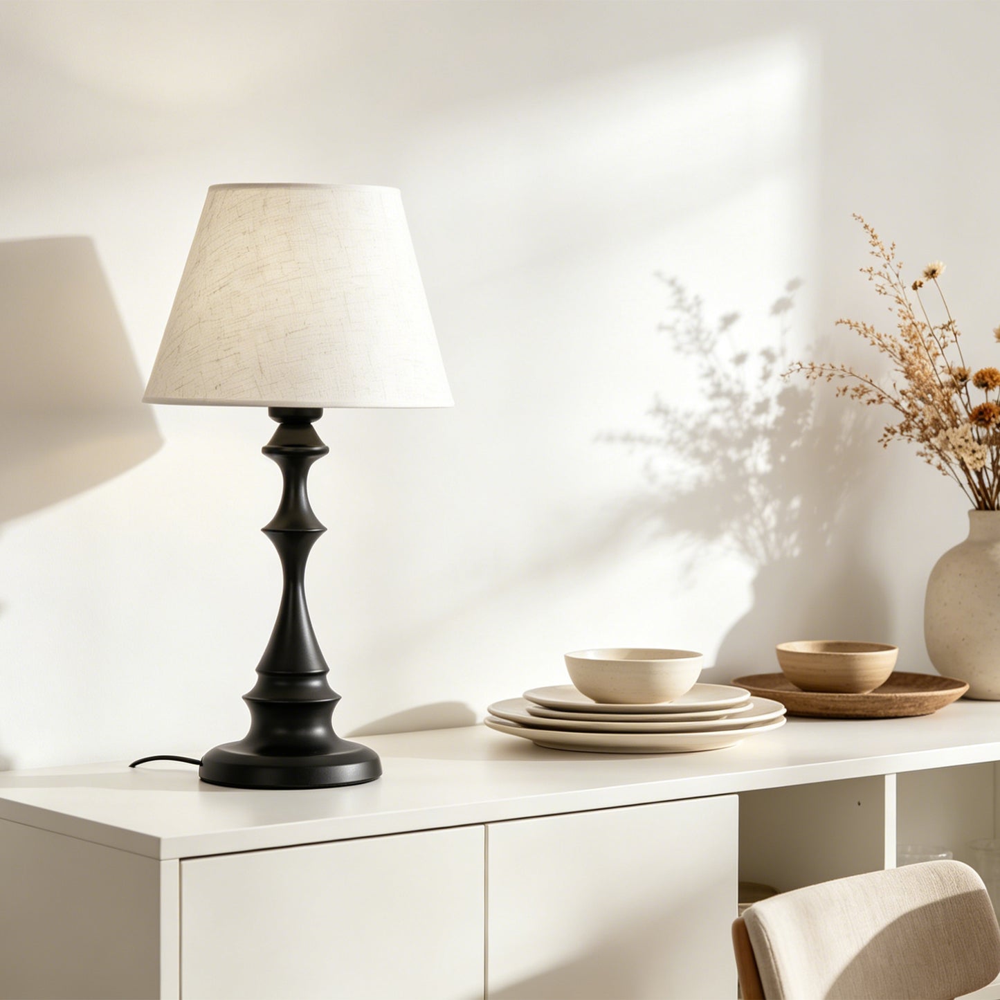 Modern Black Spindle Base Table Lamp with Linen Shade | 3-Color Dimmable Desk Lamp