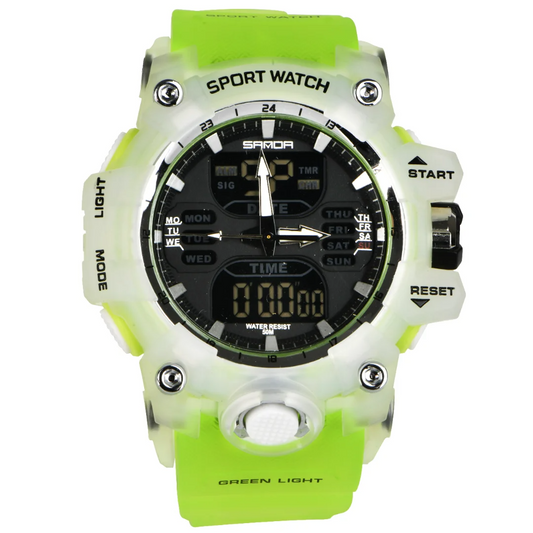 Men's sports fashion watch, 50 meter waterproof military watch, green TPU strap, white case