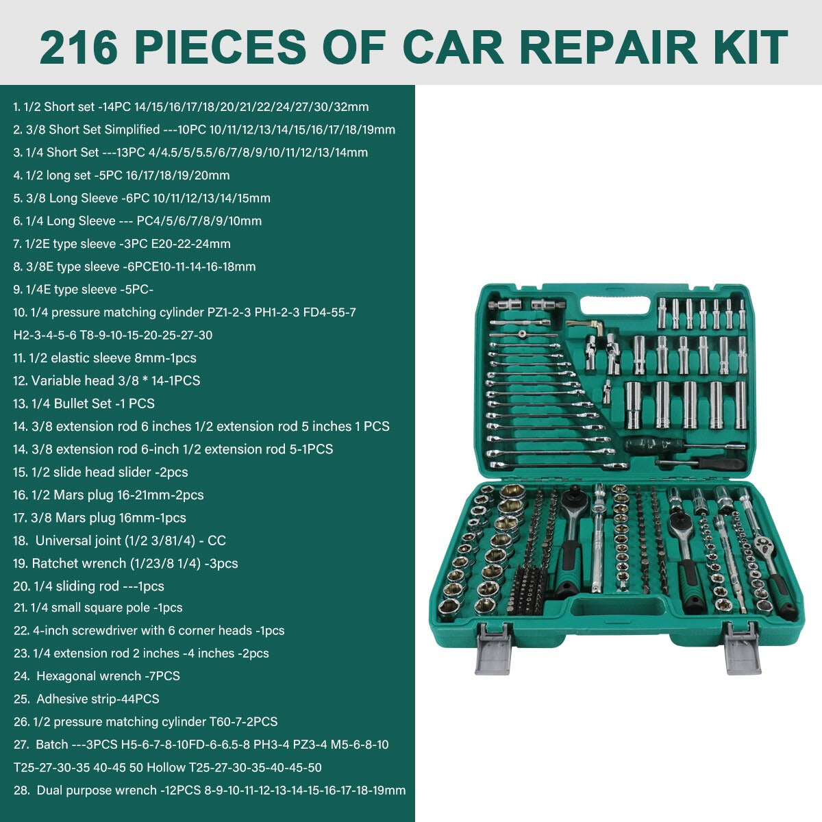 216PCS Socket Set Kit Mechanics Tool Ratchet Wrench Car Repair Tool Set W/ Case