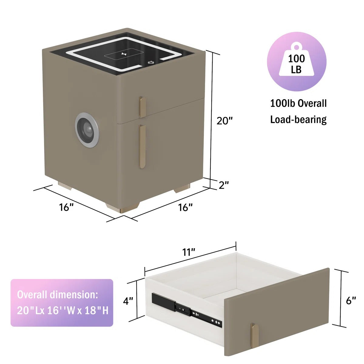Orange Smart Nightstands with Wireless Charging, USB Port, LED Lights and Speaker