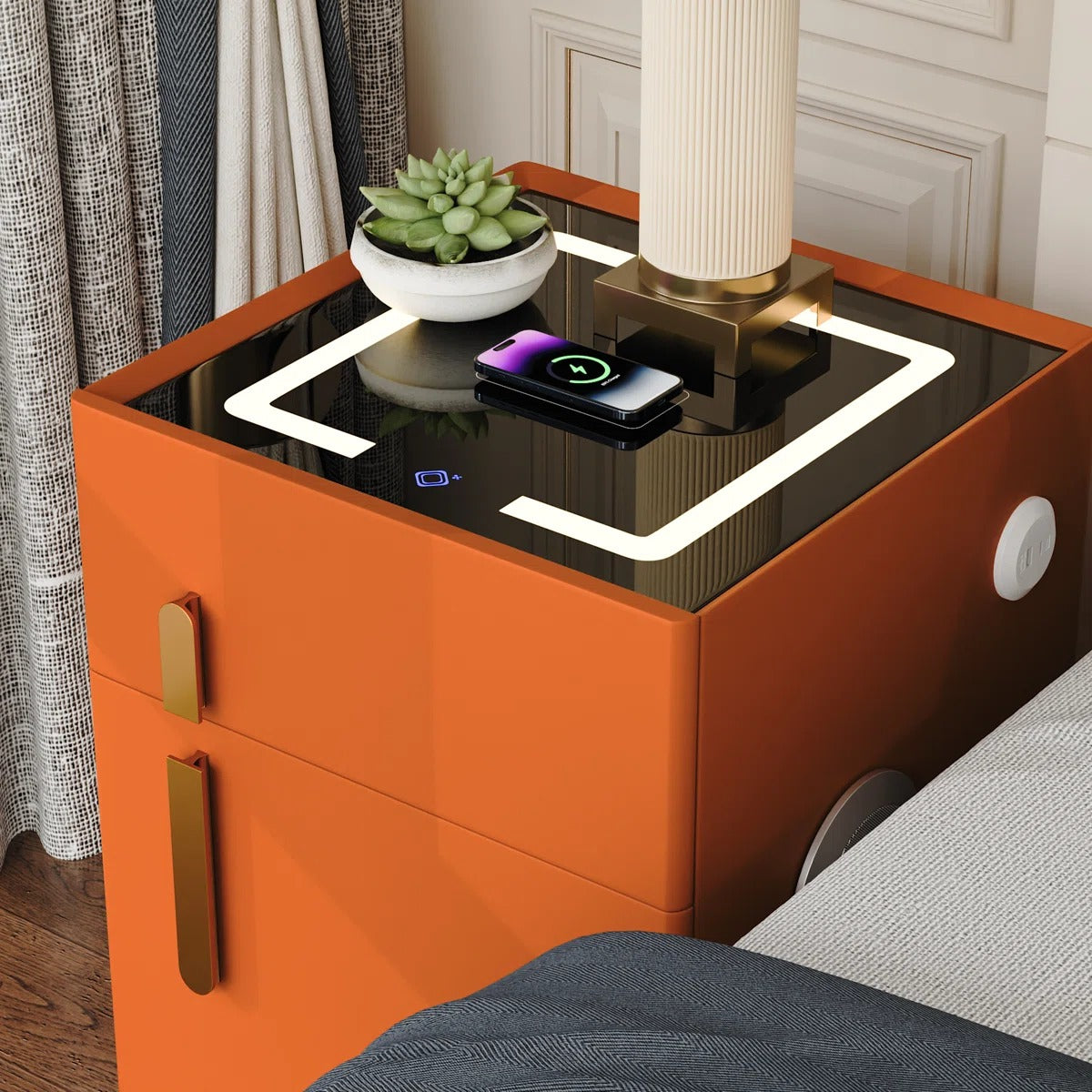Orange Smart Nightstands with Wireless Charging, USB Port, LED Lights and Speaker