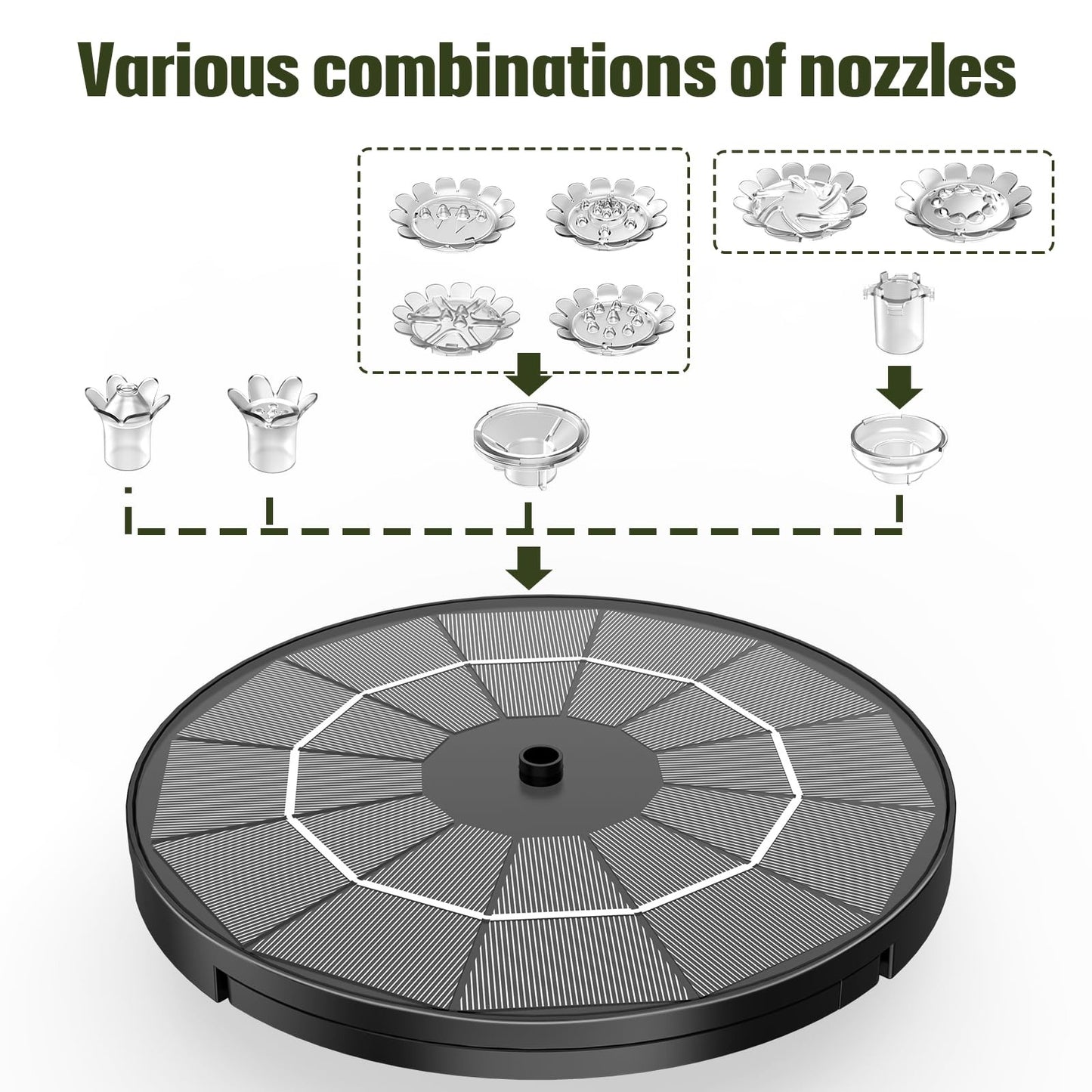5 Inch Solar Water Pump, 7V/1.7W 200L/h Bird Bath Fountain Pump, w 6 Nozzle, Free Standing Floating Solar Powered Water Fountain Pump for Bird Bath, Garden, Pond, Pool, Outdoor